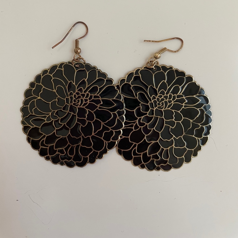 Black & gold floral earrings